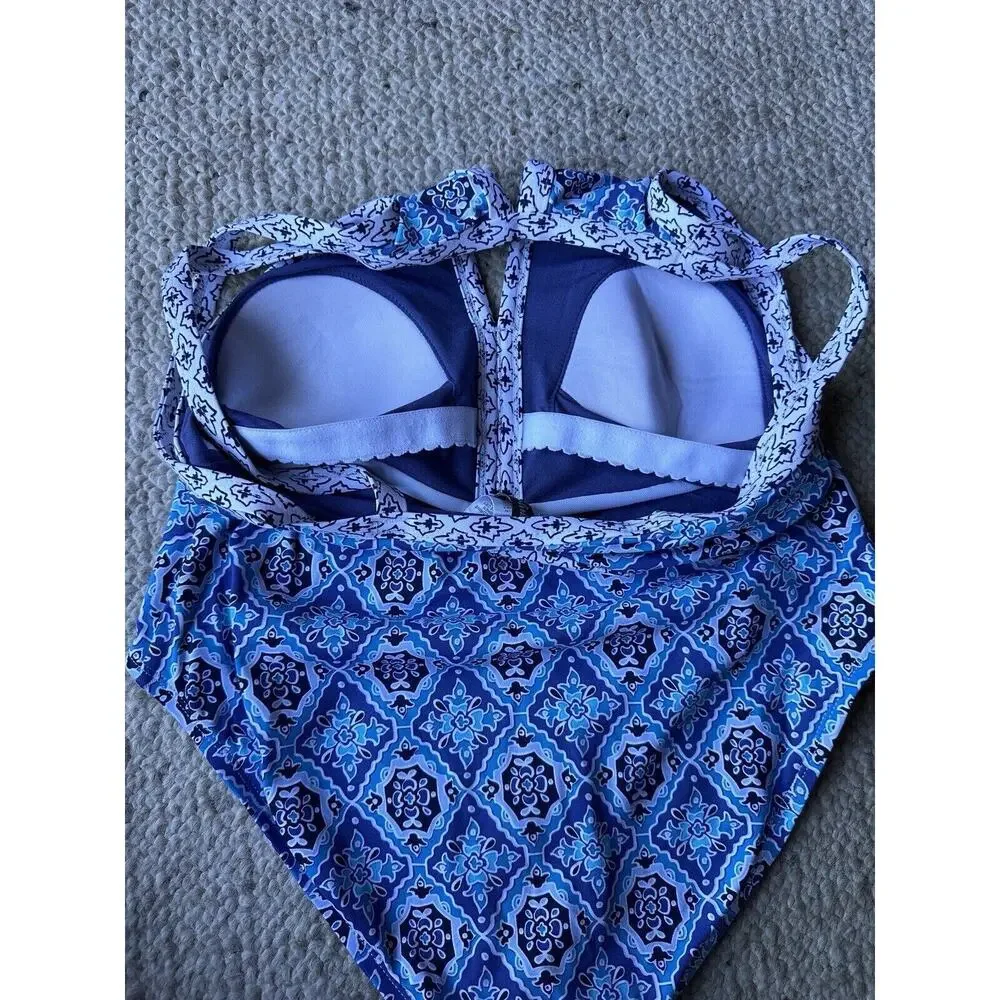 Tommy Bahama Womens Blue Tika Tiles Cutout Halter One-Piece Swimsuit Size 8